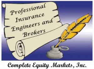 Complete Equity Markets logo. A Paper scroll with a feather ink pen in an inkwell. Text read professional insurance engineers and brokers.