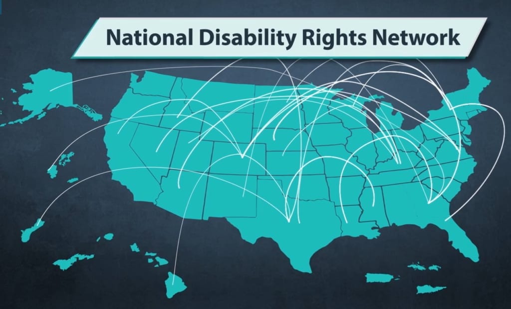 U.S. Map with lines pointing from one state to another. The words "National Disability Rights Network" appear above.