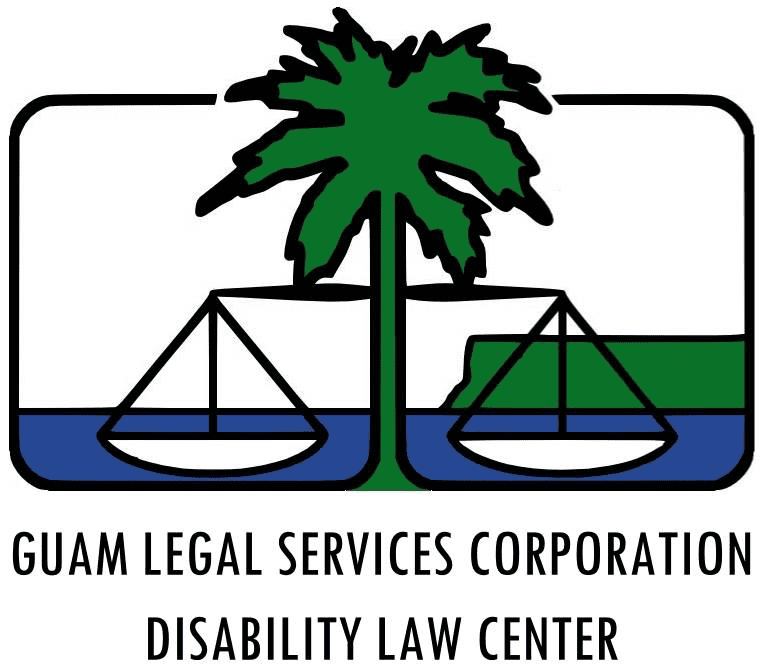 Logo the Guam P&A. Features a scale of justic with a palm tree in the middle of it. The ocean and the island of Guam are depicted in the background.