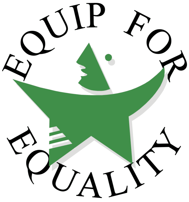 The words equip for equality and a green star that sort of looks like a person reaching for a hug.