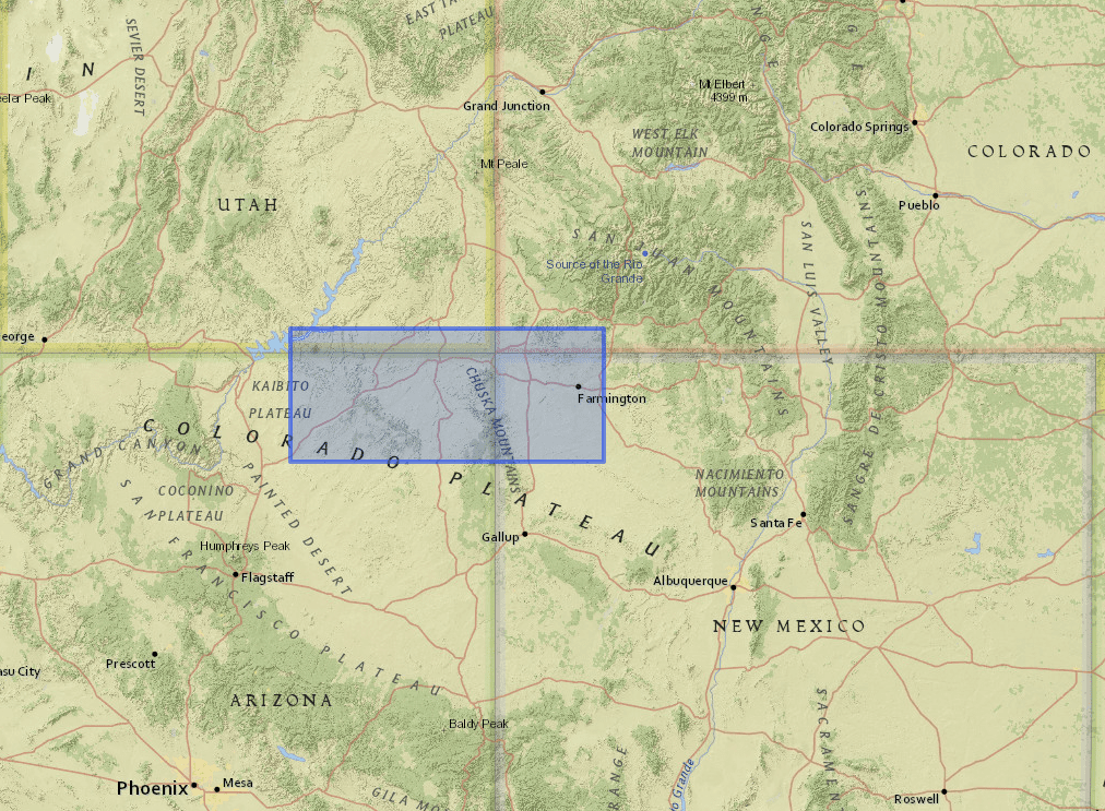 Map of four corners region. Blue segment highlights the area that the Native America P&A serves.