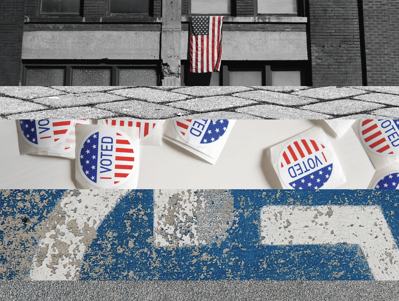a collage depicting the American flag, “I Voted” stickers and the International Symbol of Access layered between various textures of brick and pavement.
