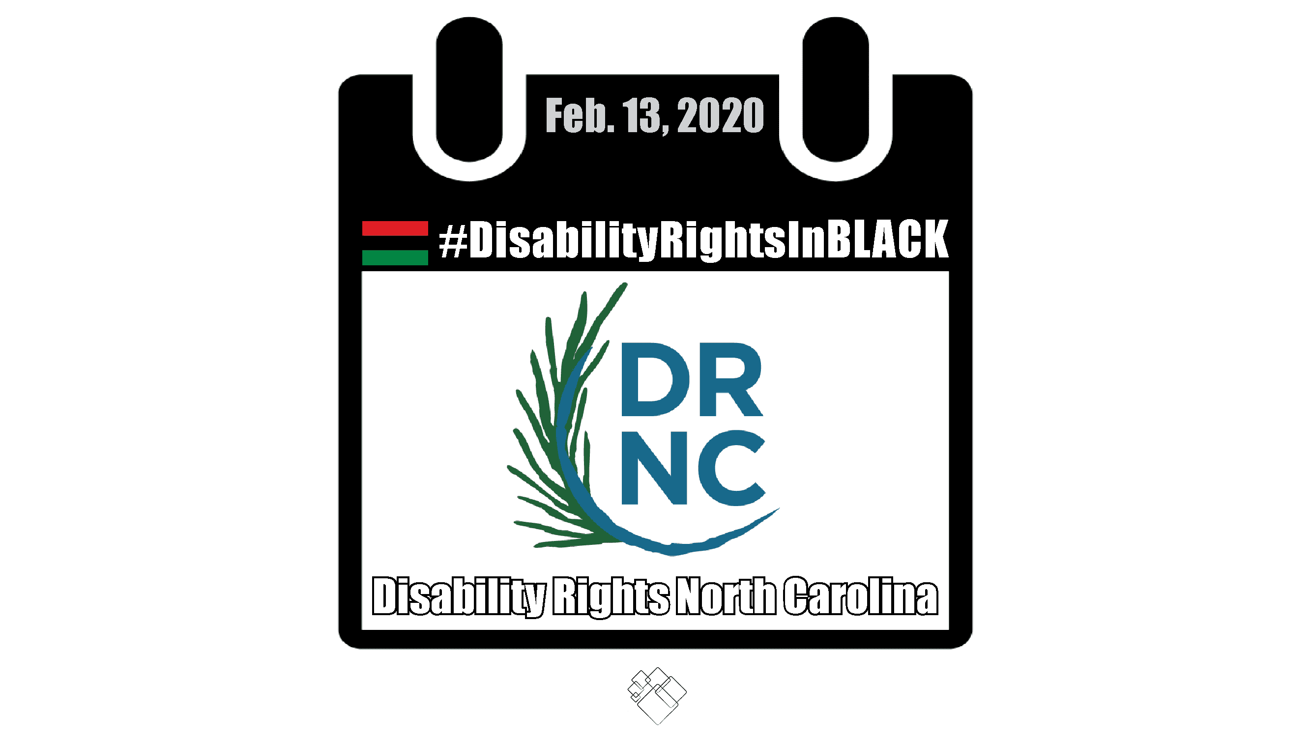 Disability Rights North Carolina logo with abstract pine sprig cupping text on the left. The Disability Rights in Black calendar frames the photo.