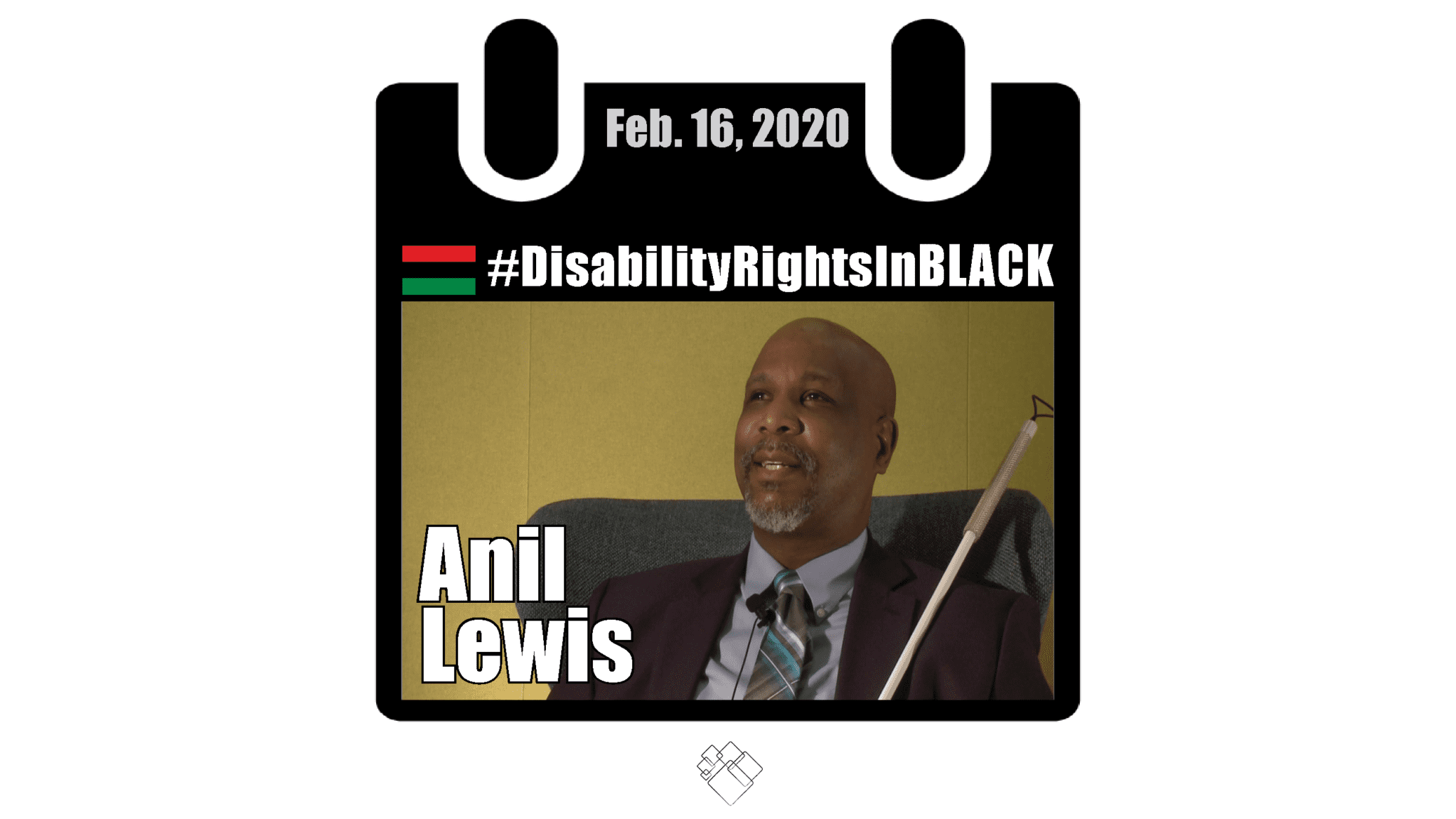 Anil sits in a chair for an interview, white cane in frame. The Disability Rights in Black calendar style frame with the hashtag for the series at the top and the date, February 16, 2020.