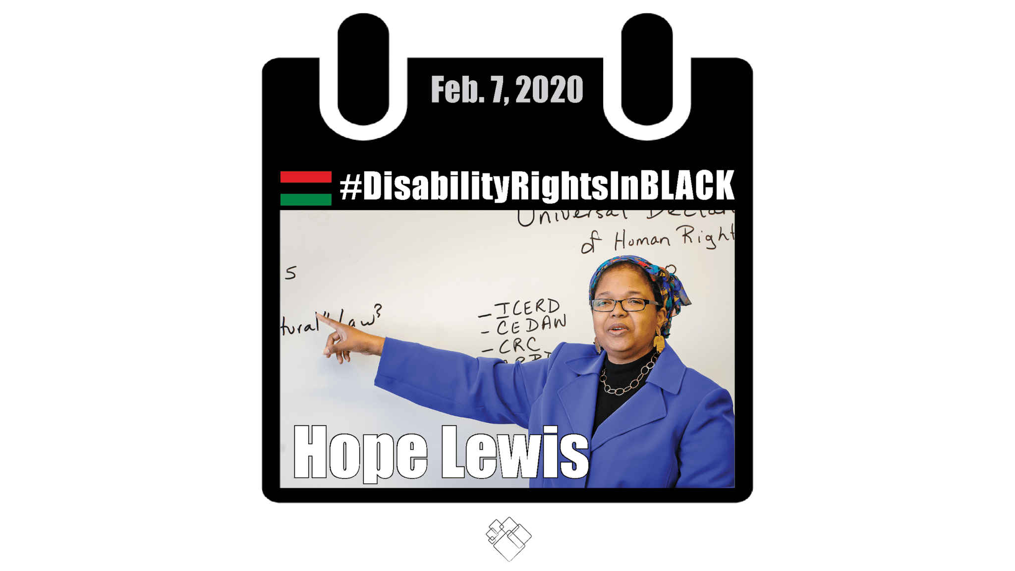 Hope Lewis points to words on a white board, she wears a colorful headscarf and a blue blazer. The Disability Rights in Black calendar frames the photo.