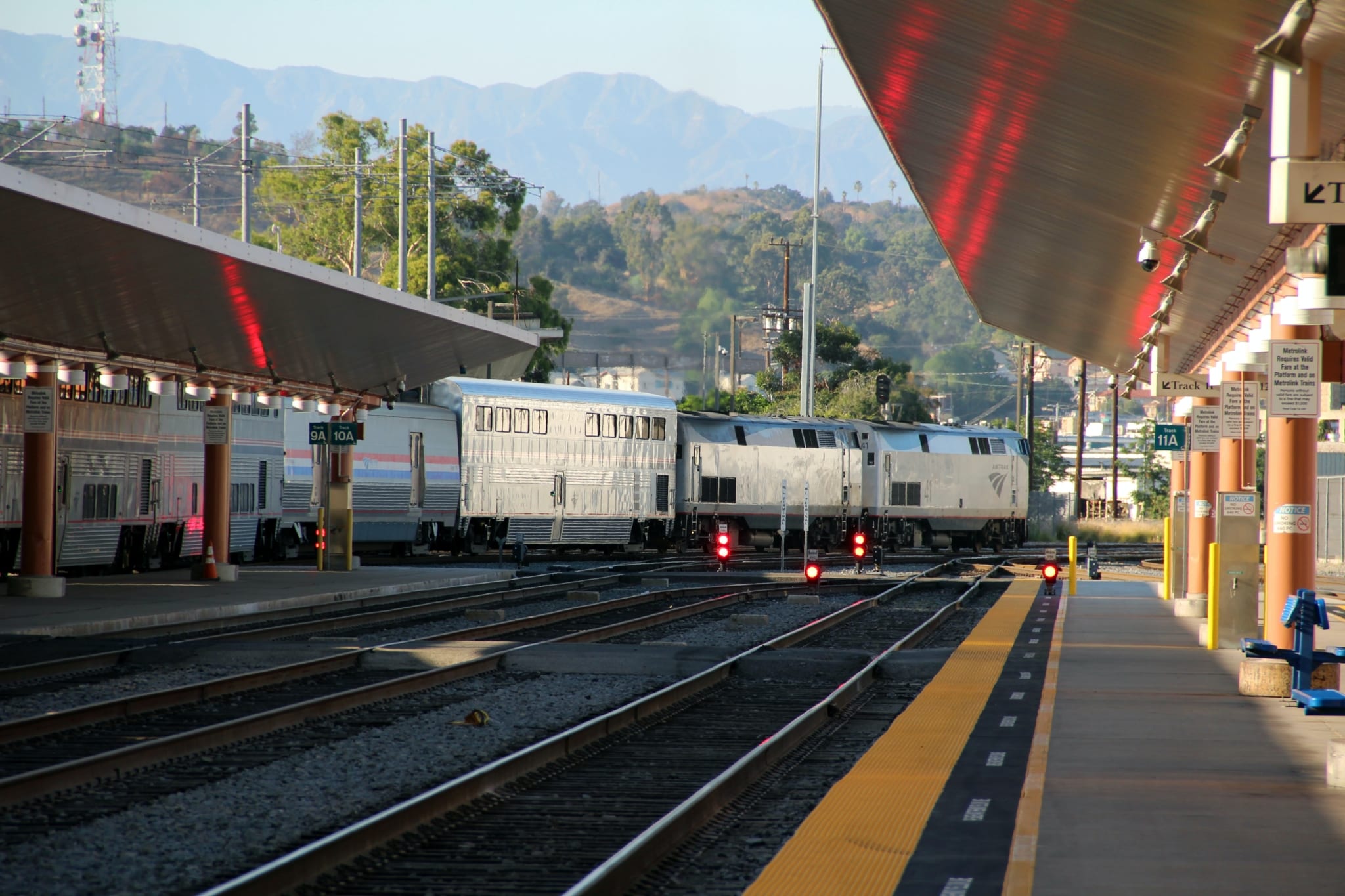 An Amtrak train bound for Chicago departs Los Angeles Union Station.