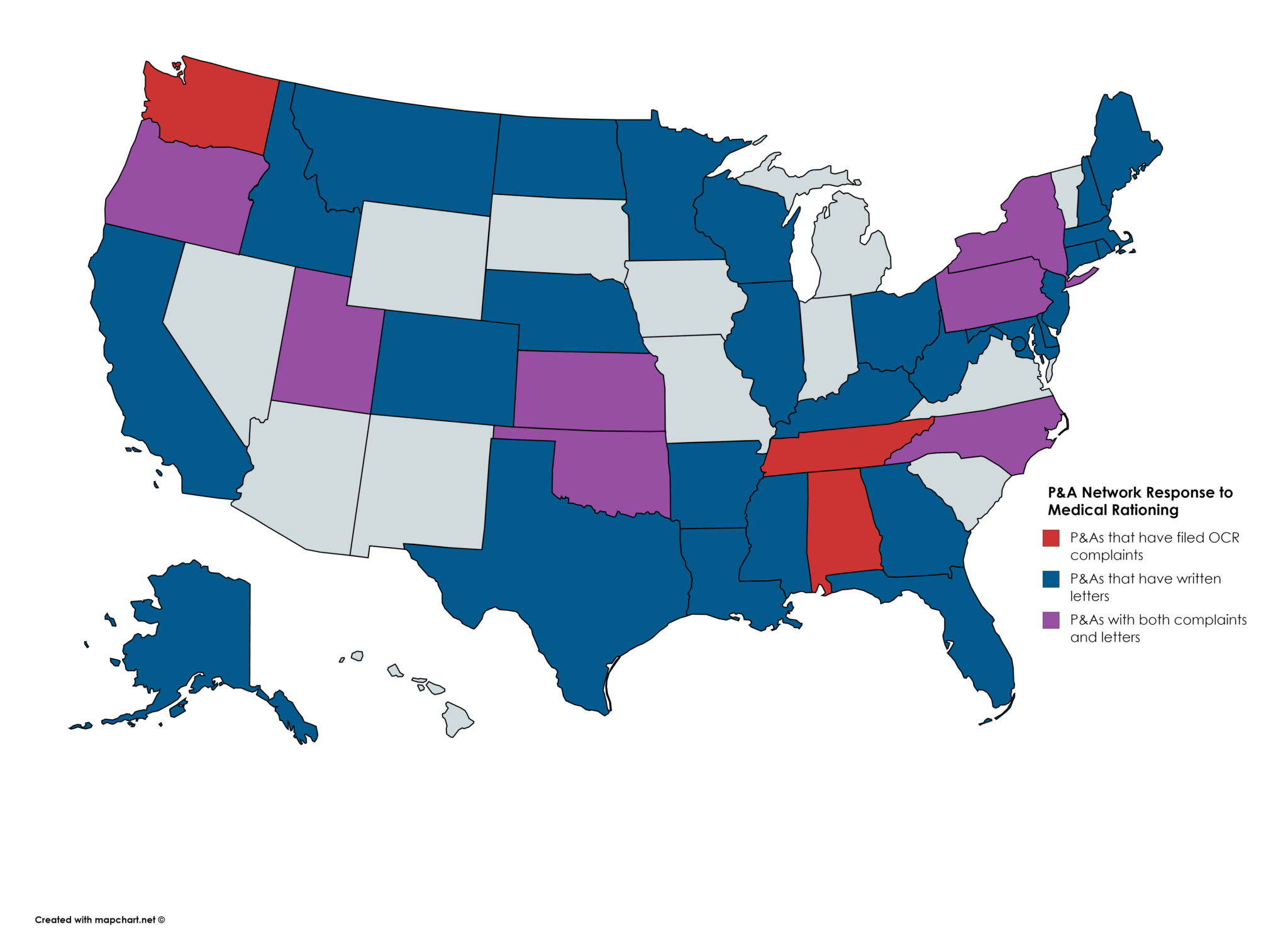 Complaints filed due to medical rationing schemes: Washington, Alabama, Kansas, Tennessee, Pennsylvania, Utah, Oregon, New York, Oklahoma, North Carolina. States that have written letters to governors (or mayor for DC): New York, Florida, Ohio, Illinois, New Jersey, Delaware, Arkansas, Wisconsin, Louisiana, Texas, Nebraska, Colorado, Georgia, New Hampshire, California, Montana, Connecticut, Massachusetts, District of Columbia, Rhode Island, Kentucky, North Carolina, South Dakota, Maine, Minnesota, Alaska, North Carolina, Mississippi. States that have filed complaints and have written letters: Kansas, Pennsylvania, Utah, Oregon, New York, Oklahoma.