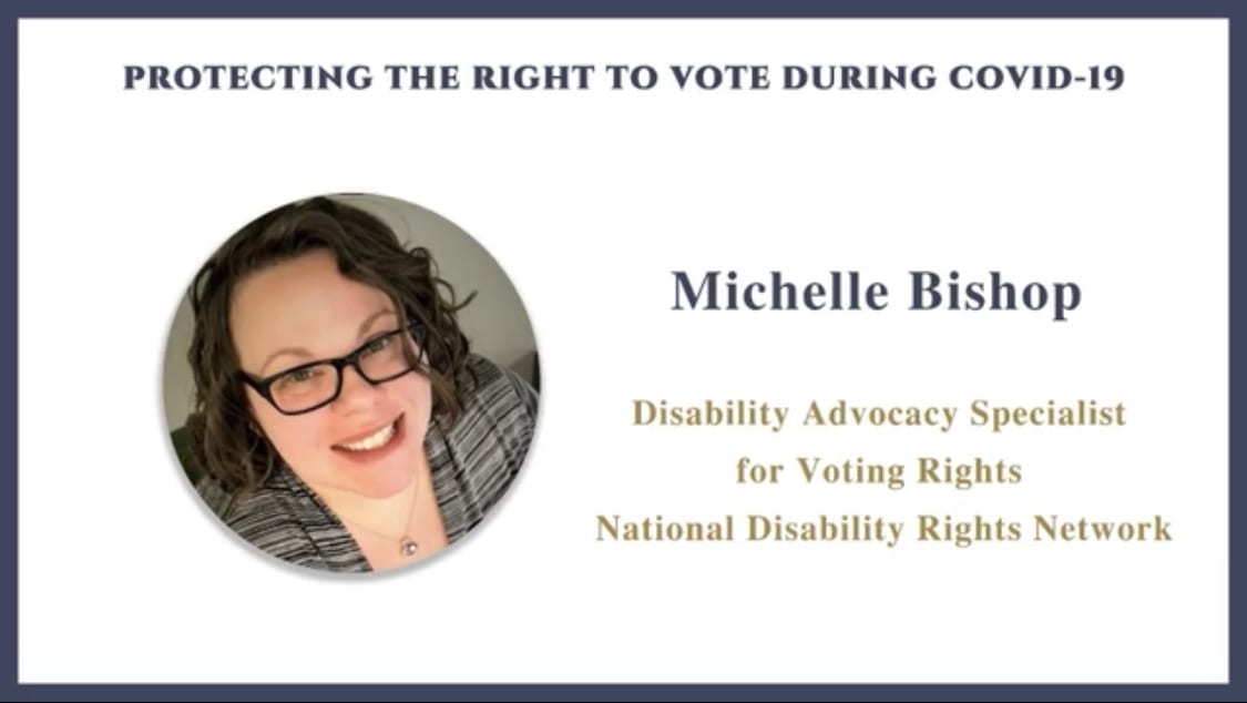 Thumbnail of Michelle's portraite with her title and title and the heading "Protecting the right to vote during COVID-19"