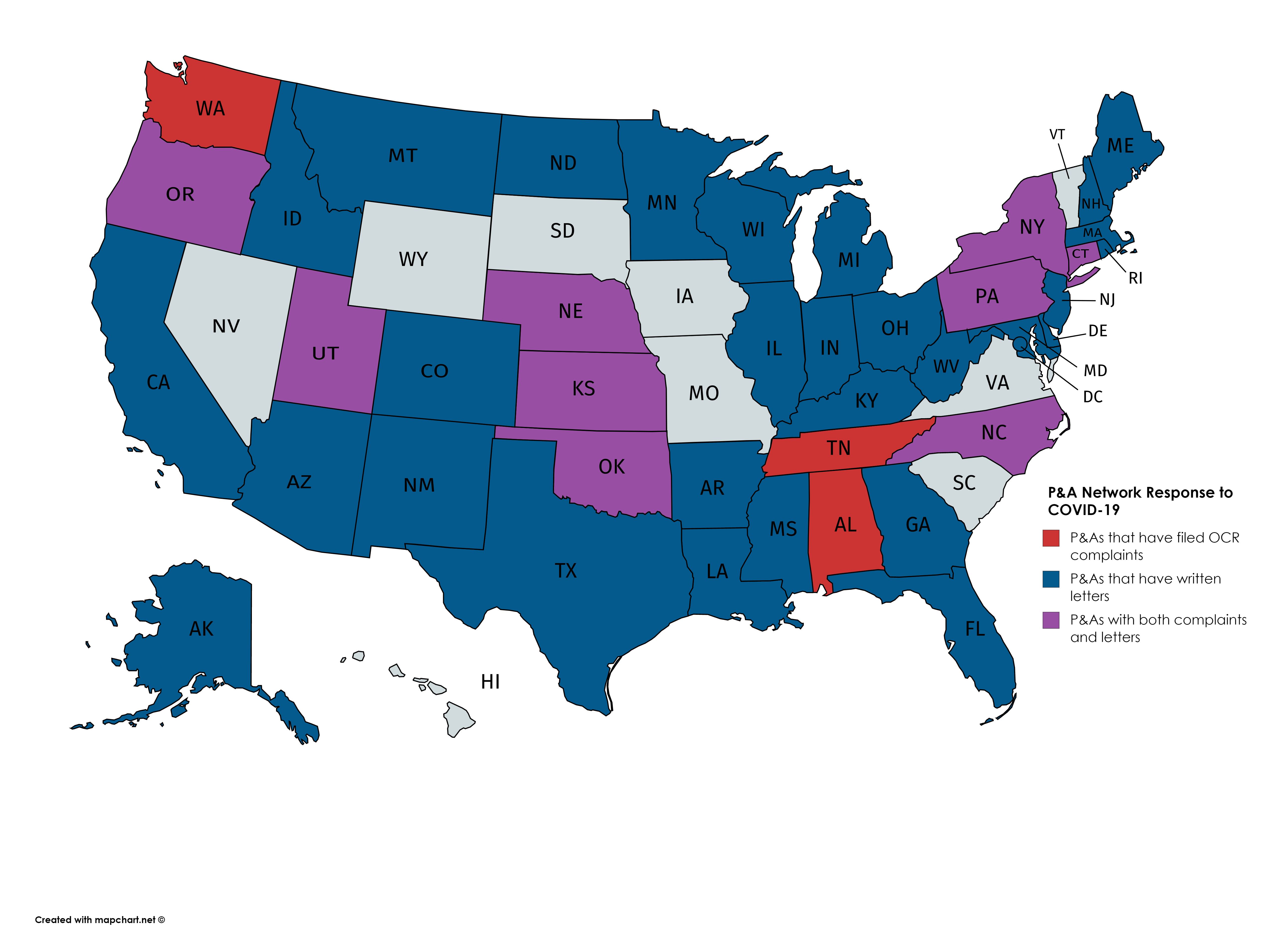 P&As that have filed OCR complaints: Washington, Alabama, Tennessee States that have written letters to governors (or mayor for DC): California, Montana, Colorado, Texas, Arkansas, Louisiana, Wisconsin, Illinois, New Hampshire, Massachusetts, Rhode Island, New Jersey, Delaware, District of Columbia, Ohio, Georgia, Florida, Kentucky, North Dakota, Maine, Maryland, West Virginia, Idaho, Minnesota, Alaska, Mississippi, Arizona, Michigan, New Mexico, Indiana. P&As with both complaints and letters: Kansas, Pennsylvania, Utah, Oregon, New York, Oklahoma, North Carolina, Connecticut, Nebraska, Colorado, South Dakota, North Carolina