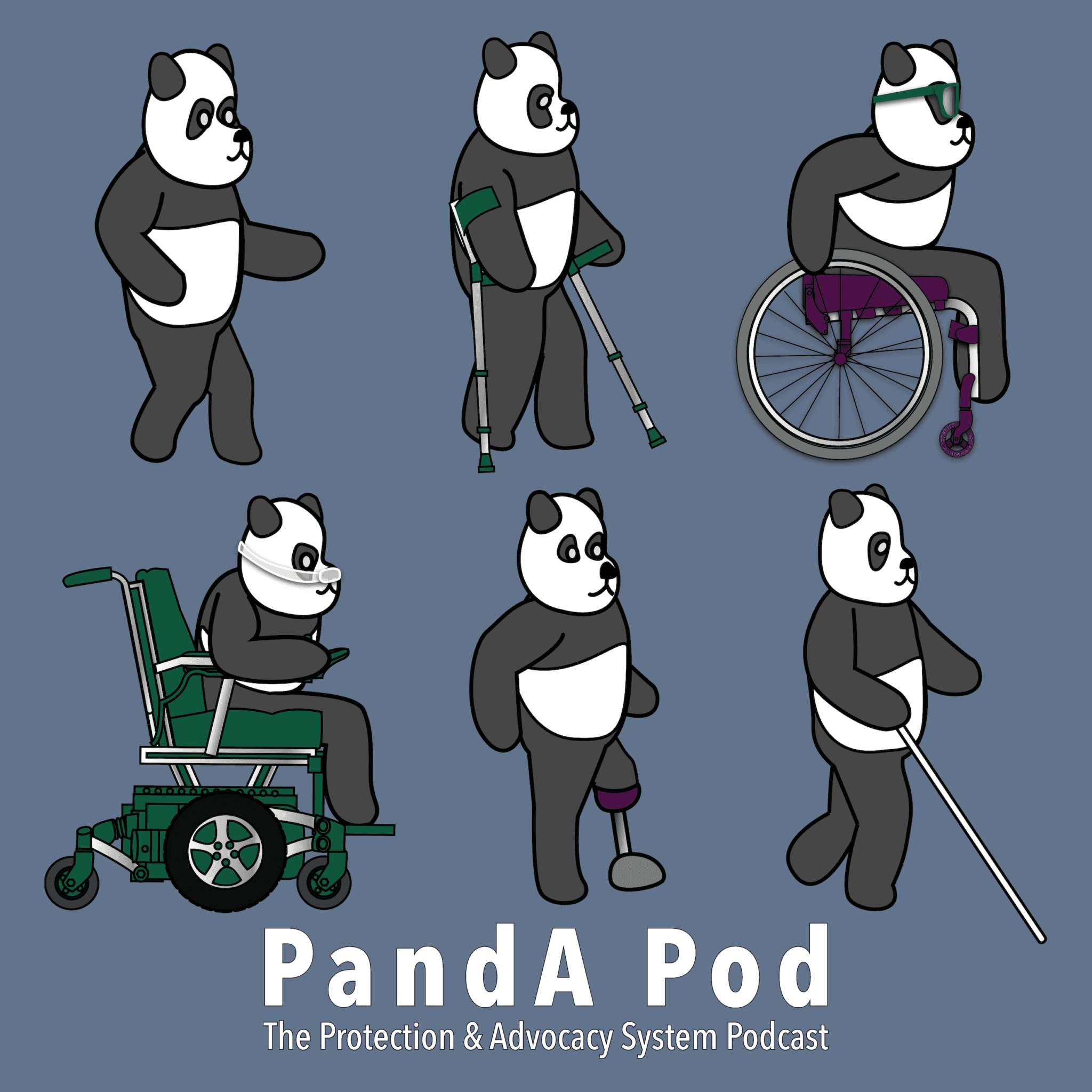Profile of six pandas with different disabilities facing the right. One with no apparent disabilities, one with crutches, one uses a manual wheelchair wearing sunglasses, one uses a power wheelchair wearing a mask over its nose, one has a prosthetic limb and one uses a white cane. Artist Mike Mort.