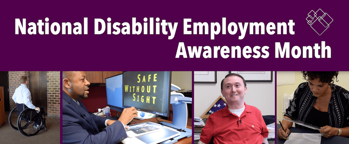 Montage of four photos showing people in different competitve integrated employment settings. The text reads National Disability Employment Awareness Month and an NDRN logo is in the corner.