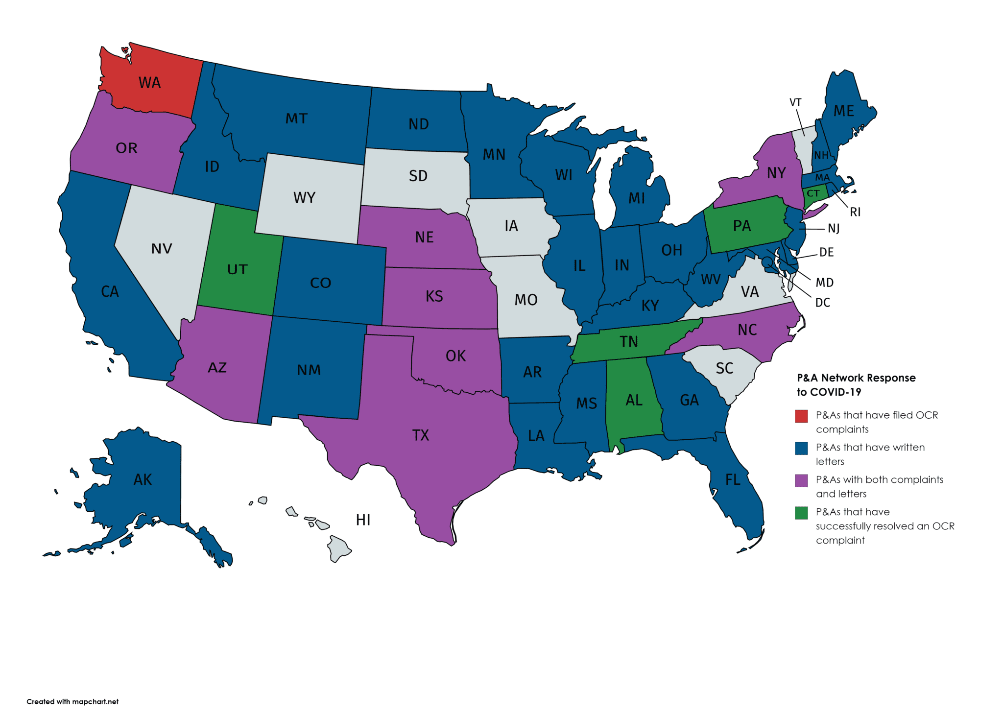 Complaints filed by state P&As due to medical rationing schemes: Alabama, Kansas, New York, North Carolina, Oklahoma, Oregon, Pennsylvania, Tennessee, Utah, Washington. States P&As that have written letters to governors (or mayor for DC): Alaska, Arizona, Arkansas, California, Colorado, Connecticut, Delaware, District of Columbia, Florida, Georgia, Idaho, Illinois, Indiana, Kentucky, Louisiana, Maine, Maryland, Massachusetts, Minnesota, Mississippi, Montana, Nebraska, New Hampshire, New Jersey, New Mexico, New York, North Carolina, North Dakota, Ohio, Oregon, Rhode Island, South Dakota, Texas, West Virginia, Wisconsin. State P&As with both complaints and letters: Arizona, Kansas, Nebraska, New York, North Carolina, Oklahoma, Oregon, Texas. State P&As that have successfully resolved an OCR complaint: Alabama, Connecticut, Pennsylvania, Tennessee, Utah.