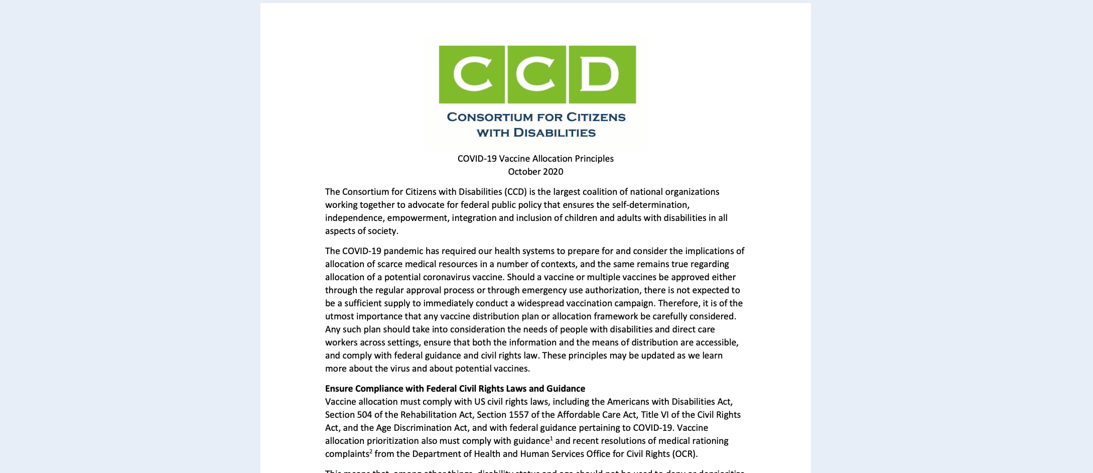 CCD letterdead and COVID-19 Vaccine Allocation Principles, October 2020