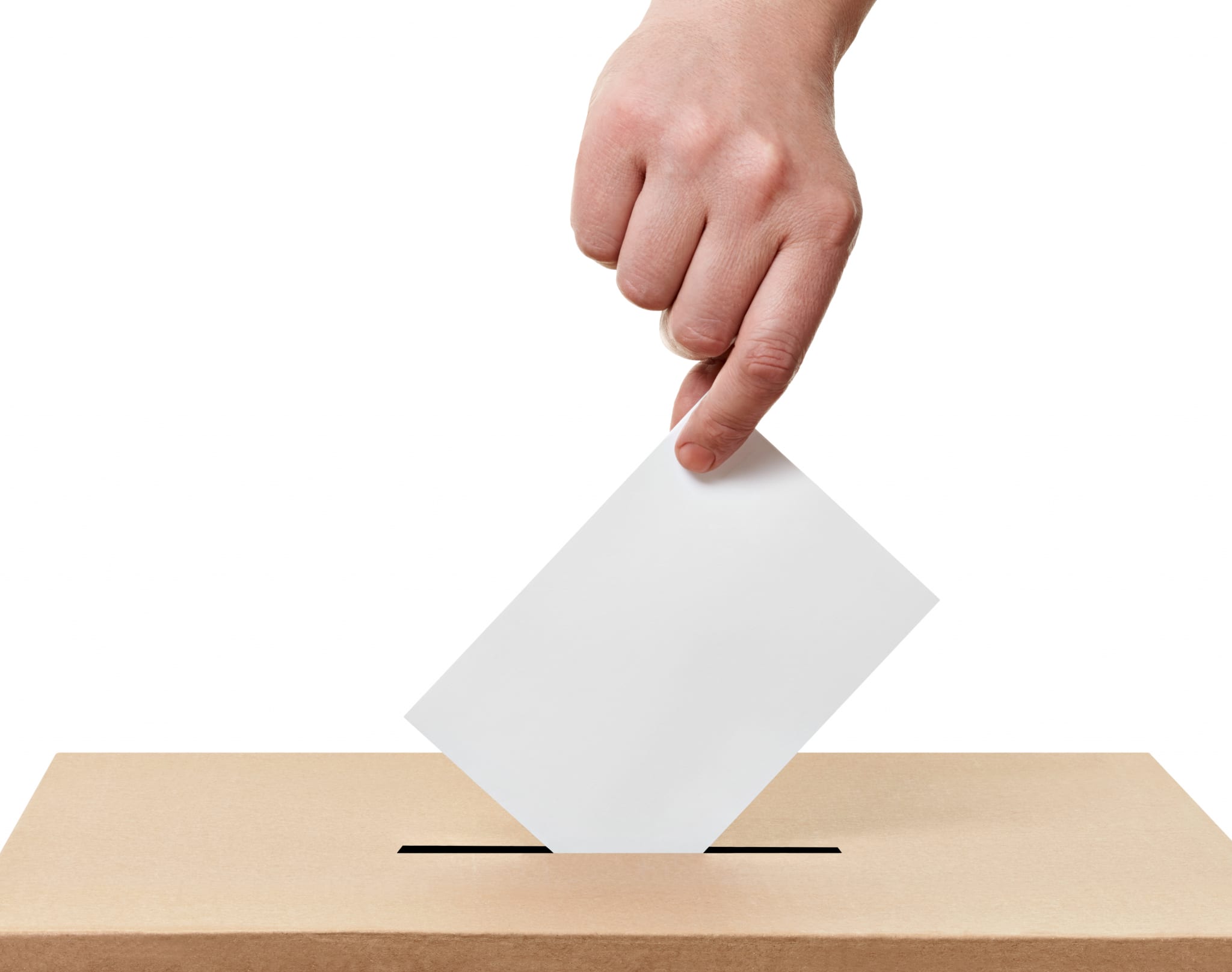 close up of a ballot box and casting vote on white background