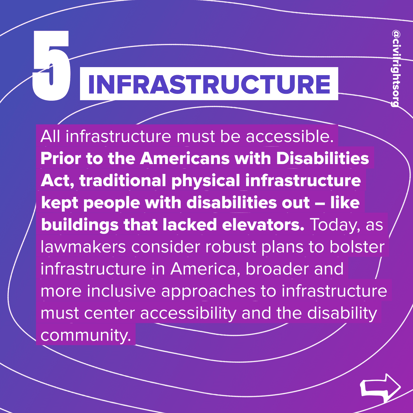 Number 5. Title “Infrastructure,” All infrastructure must be accessible. Prior to the Americans with Disabilities Act, traditional physical infrastructure kept people with disabilities out – like buildings that lacked elevators. Today, as lawmakers consider robust plans to bolster infrastructure in America, broader and more inclusive approaches to infrastructure must center accessibility and the disability community. Swipe right arrow.