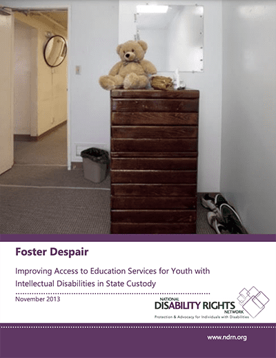 Report cover with an image of a tall wooden chest of drawers with a large teddy bear on top in a room of white brick walls. Report title and NDRN logo along the bottom.