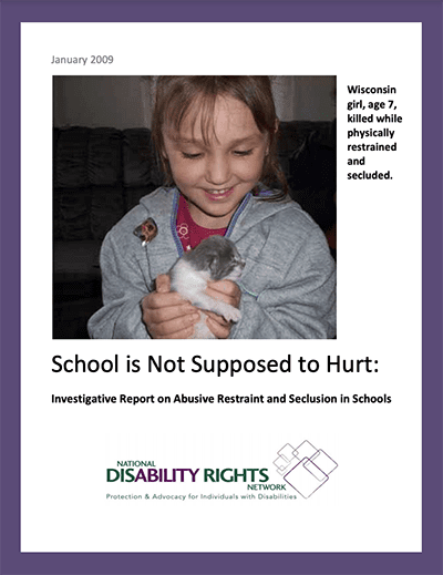 Report cover with image of Wisconsin girl holding a bunny, age 7, killed while physically restrained and secluded. Report title and NDRN logo at the bottom