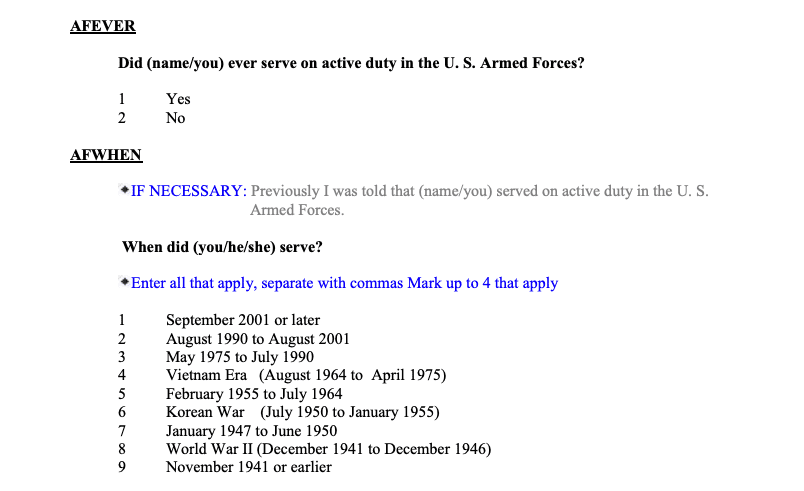 Question: Did (name/you) ever serve on active duty in the U. S. Armed Forces? 1 Yes 2 No. IF NECESSARY: Previously I was told that (name/you) served on active duty in the U. S. Armed Forces. When did (you/he/she) serve? Enter all that apply, separate with commas Mark up to 4 that apply 1 September 2001 or later 2 August 1990 to August 2001 3 May 1975 to July 1990 4 Vietnam Era (August 1964 to April 1975) 5 February 1955 to July 1964 6 Korean War (July 1950 to January 1955) 7 January 1947 to June 1950 8 World War II (December 1941 to December 1946) 9 November 1941 or earlier.