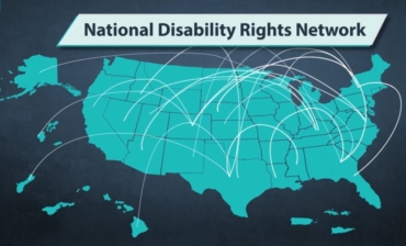Illustration of the United States and its territories with multiple arced lines connecting various locations and the text National Disability Rights Network across the top.