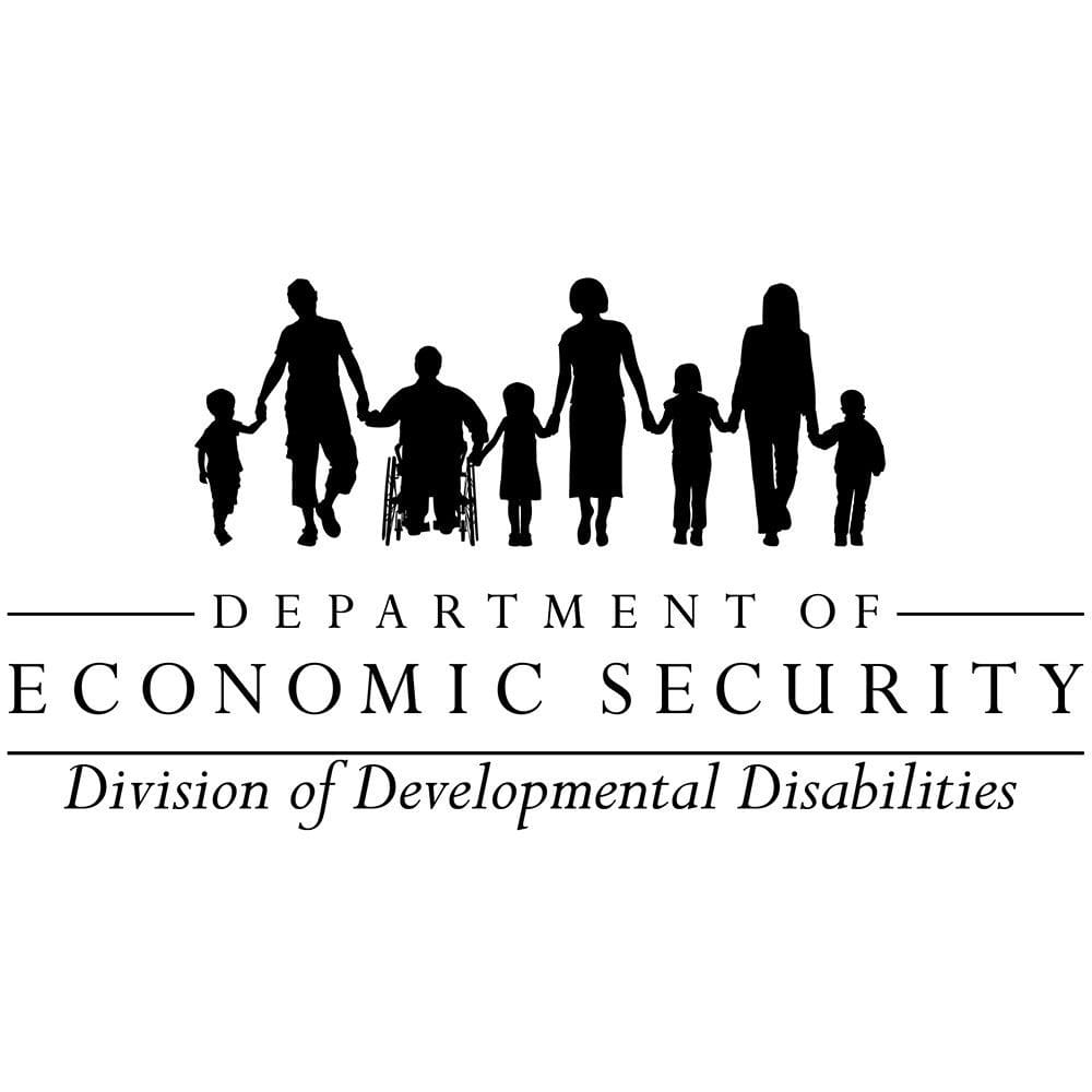 Logo for Arizona Department of Economic Security Division of Developmental Disabilities. It shows silhouettes of various individuals walking hand in hand.