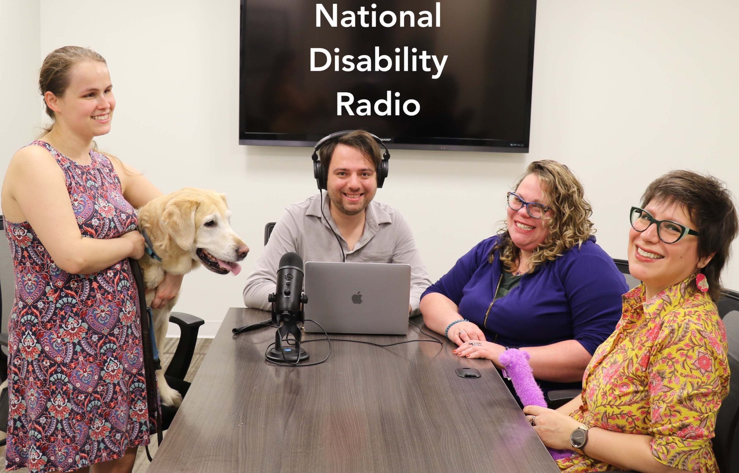 The hosts of the podcast from left to right: Stephanie, Jack, Michelle and Raquel, sit around a conference table. Stephanie is standing while holding her guide dog Nala. Above Jack's head on a TV are the words "National Disability Radio"