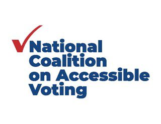 National Coalition on Accessible Voting in blue letters on a white background. A red check mark is to the left of the N in National.