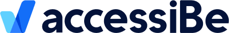 accessiBe logo. Text with a checkmark shaped graphic with various shades of blue.